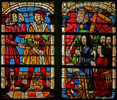Fönster w232 som visar en scen från historien om den förlorade sonen: den äldre broderns ilska; donatorer hustru, döttrar, St Simon av French School