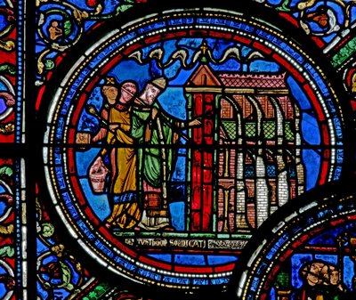 Fönster w23 som visar St Thomas Becket som inviger en kyrka av French School