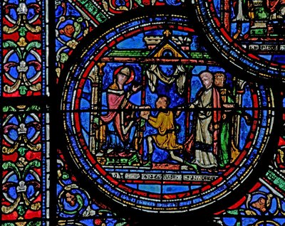 Fönster w23 som visar St Thomas Becket får ett meddelande från kungen av French School