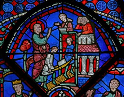 Fönster w23 som visar en scen från St Thomas liv: helgonet bygger en kyrka av French School