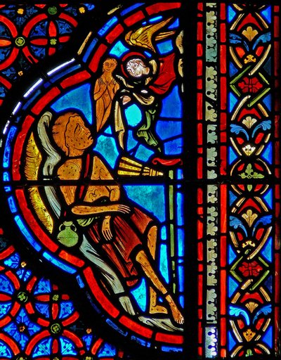 Fönster w23 som visar liknelsen om dyk och Lazarus: Lasarus död av French School
