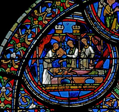 Fönster w23 som visar begravningen av St Thomas Becket av French School