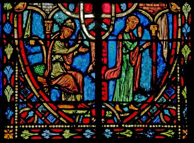 Fönster w2 som visar en scen från Theophilus-berättelsen (modern) av French School