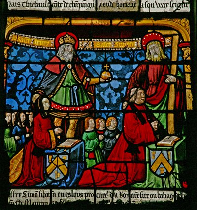 Fönster w3 som visar donatorer - Henriette de Mauroy och Simon Liboron med sina barn och skyddshelgonen St Henry och Simon av Cyrene av French School