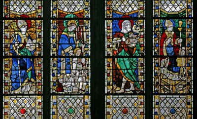 Fönster w47 föreställande St Eloi, St Laurence, St John the Baptist och St Nicholas av French School