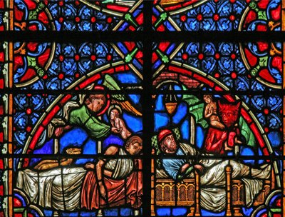 Fönster w4 som visar liknelsen om dyk och Lazarus - deras död av French School