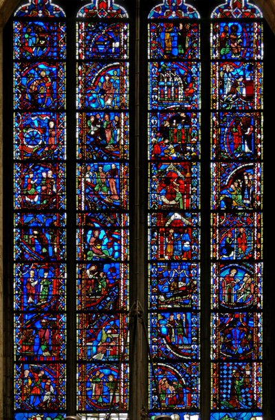 Fönster w53 som visar scener ur livet av St Catherine, St Nicholas, St John Baptist, St Stephen av French School