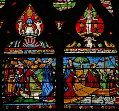 Fönster w6 som visar en scen från Maria Magdalenas liv - hon går ombord på en båt av French School