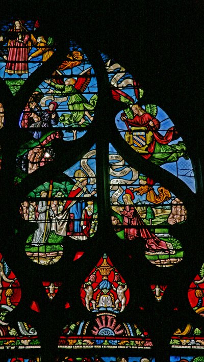Fönster w6 som visar en scen från Maria Magdalenas liv - helgonens sista nattvard av French School