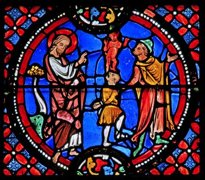 Fönster w9 som visar St Andrew exorcierar en demon av French School