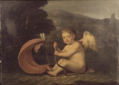 Bevingad Amor, seglar en båt med kogerskrov och pilmast, ca 1800 av French School