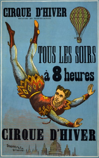 Vintercirkus varje kväll, klockan 8:00: Reklamaffisch gjord av Stafford Co och Nottingham, för en Cirque-show på Cirque d