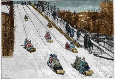 Vinterspel och sport: Tobogan-rutschkanan, berg-och dalbana i Montreal Park, Kanada. Gravyr i "" Nature. Journal of science och dess tillämpningar på konst och industri. av French School
