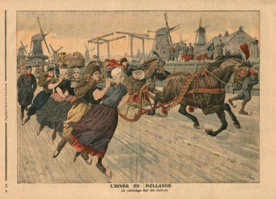 Winter in Holland, skridskoåkning på kanalen, illustration från 