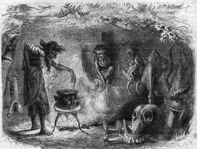 Häxkonst: häxa runt en kittel som gör trolldrycker och sortileges. Gravyr i "Histoire des Papes-Rois-Queen and Empereurs a travers les centuries"" av Maurice Lachatre av French School