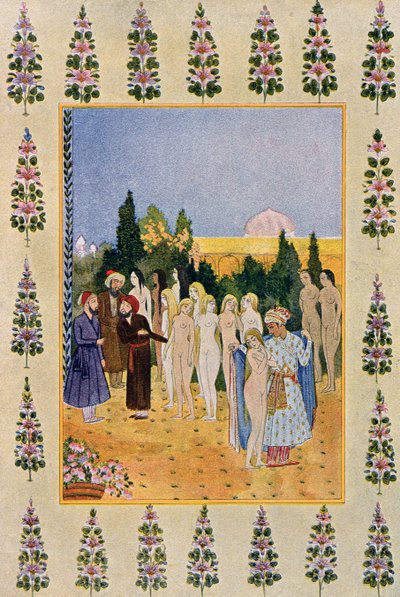 Med min mantel ska jag skydda hennes nakenhet, illustration från The Arabian Nights, 1895 (färgstick) av French School