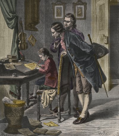 Wolfgang Amadeus Mozart skriver en konsert i närvaro av sin far, Leopold, illustration från "La Musique Populaire" av French School