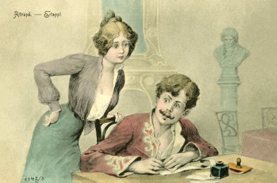 Kvinna fångar en man som skriver ett brev (färglitografi) av French School