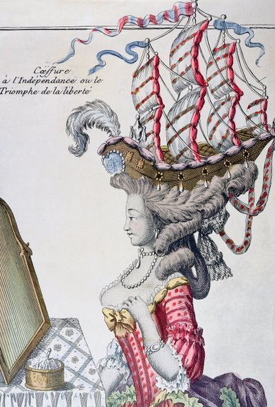 Kvinna i en dagsklänning med frisyr a la Belle Poule, period av amerikansk självständighet, 1779-80 av French School