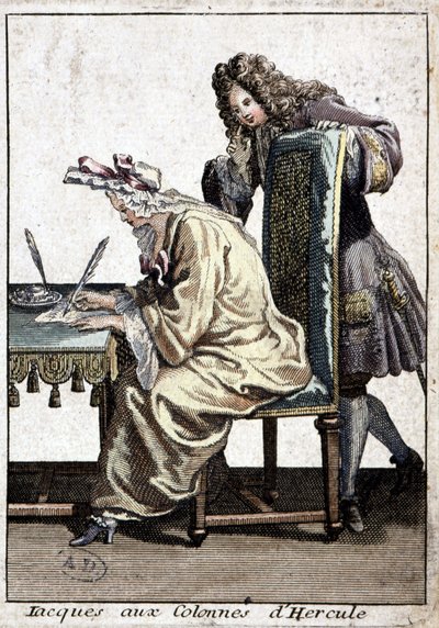 Kvinna i skjorta och nattmössa skriver ett brev med man, n.d. v. 1715. av French School