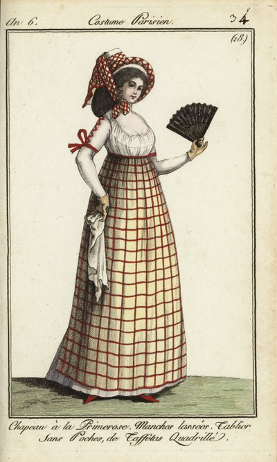 Kvinna i Primerose-hatmodet från 1798 (handfärgad kopparstick) av French School