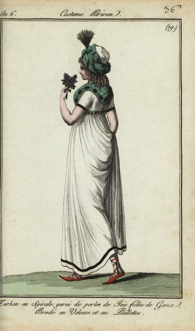 Kvinna i mode 1798 (handfärgad kopparstick) av French School