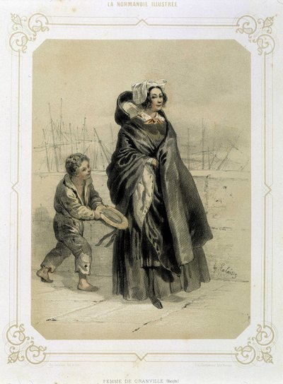 Kvinna från Granville och ung tiggare -i "" Illustrerad Normandie"" litografi av French School