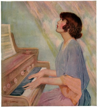 Kvinna som spelar orgel. 1924 (gravyr) av French School