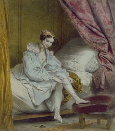 Kvinna som tar på sig strumpor, ca 1830 av French School