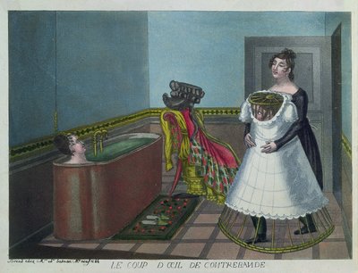 Kvinna som tar ett bad medan hennes hembiträde i hemlighet döljer en voyeur, tidigt 1800-tal (färggravyr) av French School