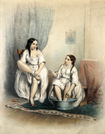 Kvinnor vid deras toalett (färggravyr) av French School