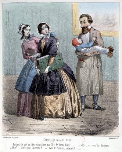 Kvinnor som lämnar sina män för att ta hand om barn medan de går till deras klubb, 1848 av French School