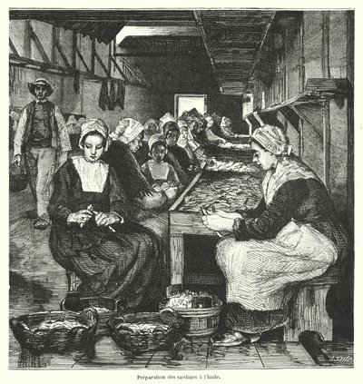 Kvinnor som förbereder sardiner (gravyr) av French School