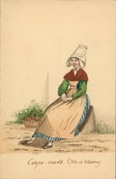 Kvinnodräkt från Corps-Nuds, Ille-et-Vilaine (färglitografi) av French School