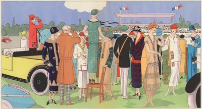 Dammode vid kapplöpningarna av designerna Jeanne Lanvin, Jean Patou, Premet, Georges Doeuillet (färglitografi) av French School