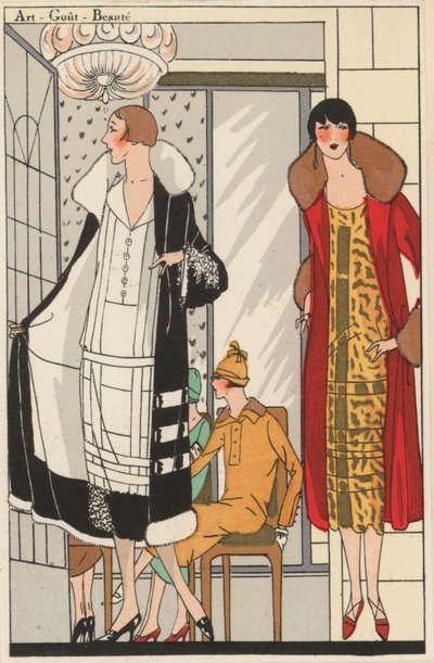 Dammode från 1920-talet av designern Lucien Lelong (färglitografi) av French School