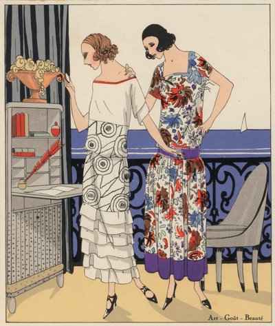 Dammode från 1920-talet av designerna Philippe och Gaston samt Martial och Armand. (färglitografi) av French School