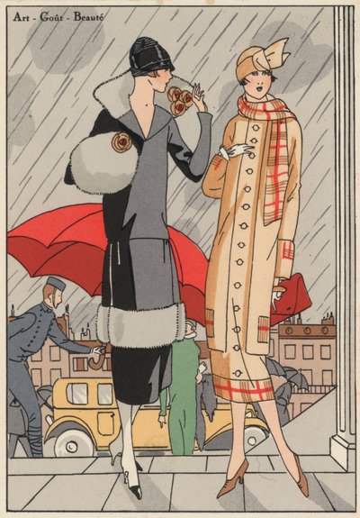 Dammode från 1920-talet av formgivarna Premet och Gustave Beer. (färglitografi) av French School