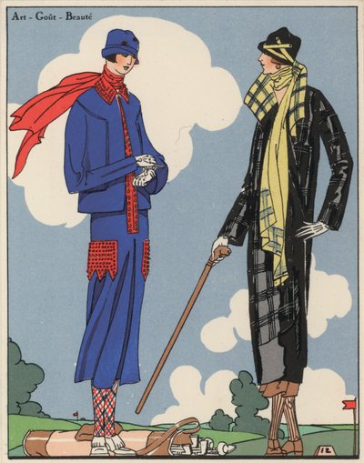 Golfmode för kvinnor från 1920-talet av formgivarna Martial och Armand samt Christoph Drecoll. (färglitografi) av French School