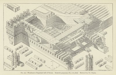 Träverk av hypostyle hall av Xerxes, isometrisk projektion (nr 2 i plan), restaurerad av Ch Chipiez av French School