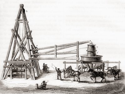 Arbetare som använde karusellen och vinschen för att borra de artesiska brunnarna i Grenelle, Frankrike på 1800-talet, från 