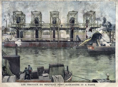 Arbetar i Paris vid Pont Alexandre III. Gravyr av april 1898 i "La petite Gironde""". av French School