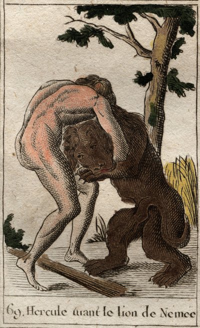 Works of Hercules: "" Hercules killing the lion of Nemee"" (Herakles första arbete, Hercules som dödar det Nemeiska lejonet) Från "" Mythology of Youth "" av Pierre Blanchard 1803. av French School