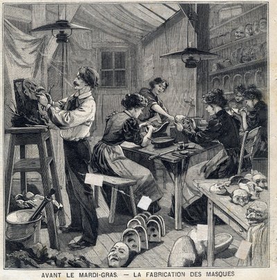 Workshop för att tillverka masker för förklädnader av Mardi Gras-festivalen (Mardi-Gras). I "" Le Petit Parisien"" den 14/02/1897 av French School