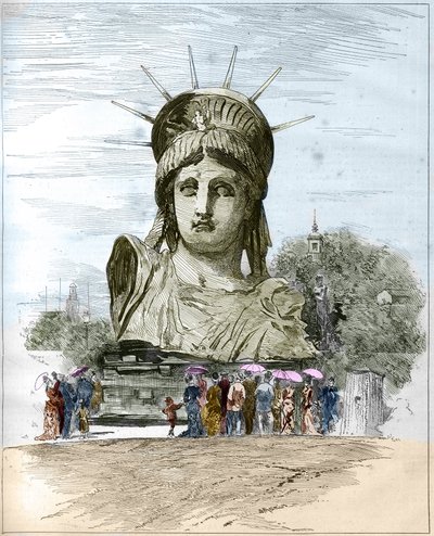 Världsutställning 1878 i Paris: chefen för Frihetsgudinnan av Frederic Auguste Bartholdi (1834-1904). Gravyr av Edgard Morin i ""The Illustrous World"" nr 1111 av 13 juli 1878. av French School