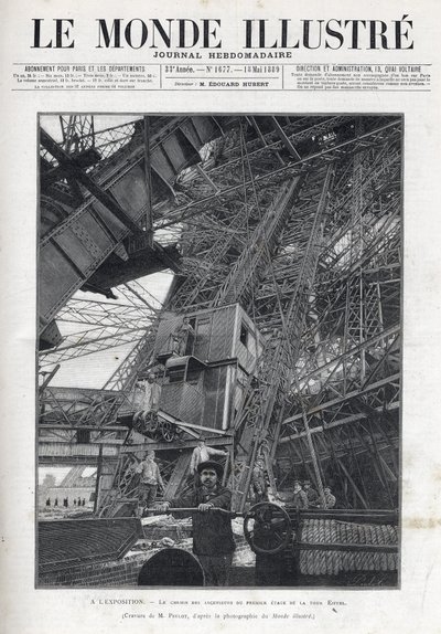 Världsutställningen i Paris 1889 - Hissbanan på första våningen i Eiffeltornet - Universella utställningen i Paris 1889 - Vägen till hissarna på första våningen i Eiffeltornet - Le Monde Illustré från 1889 av French School
