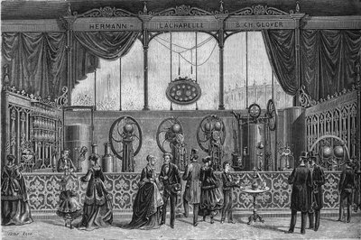 Världsutställningen 1867: gasvattenapparater uppfunna av Hermann Lachapelle (Hermann-Lachapelle) och Glover (mättare, gasmätare, spruta, doseringspump...). Gravyr i "" Le Monde Illustré"" nr 578 av den 9 maj 1868. av French School