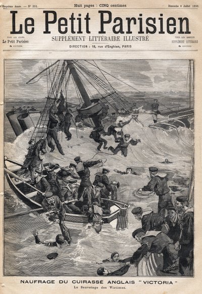 Vraket av den engelska rustningen "Victoria"" efter en kollision på Syriens kust och rädda offren. En av tidningen "Le petit Parisien"" den 9/07/1893 (gravyr) av French School