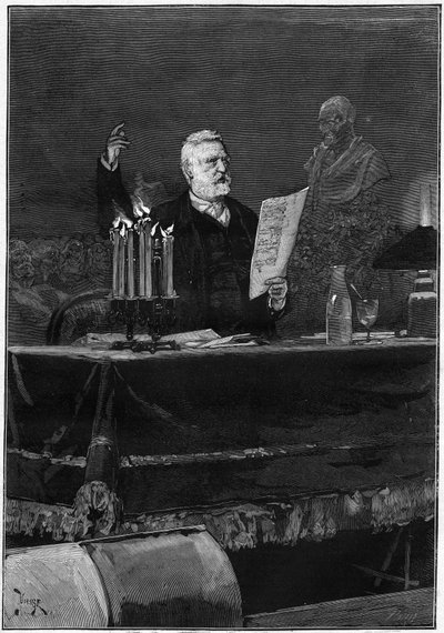 Författaren Victor Hugo (1802-1885) talar med anledning av hundraårsminnet av Voltaires död, berömd på Theatre de la Gaite i Paris den 30 maj 1878. Gravyr i "" Le Monde Illustré"" nr 1106 den 8 juni 1878. av French School