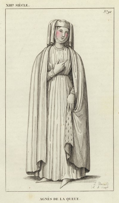 XIII Century, Agnes de la Queue (färgad gravyr) av French School